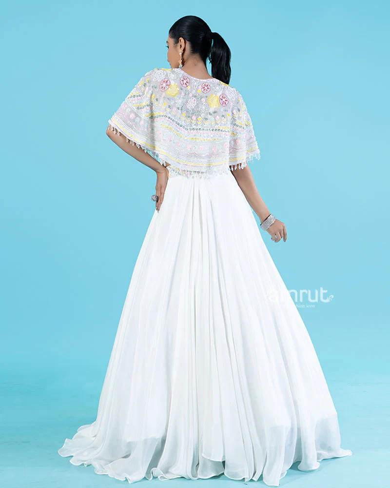 White Embellished Cape with Crop Choli and Pleated Lehenga - Image 6