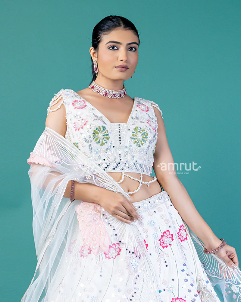 White Embroidered Lehenga with Lotus Design, Sweetheart Neckline Choli, and Sheer Dupatta - Image 2