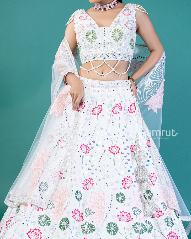White Embroidered Lehenga with Lotus Design, Sweetheart Neckline Choli, and Sheer Dupatta - Image 3