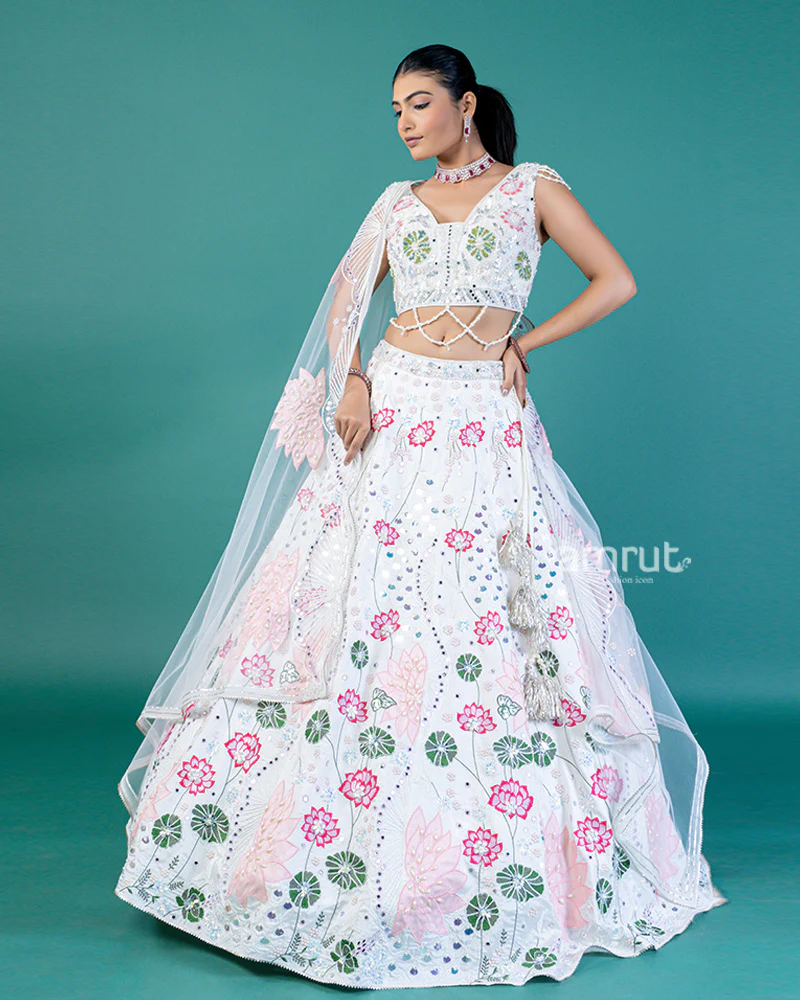 White Embroidered Lehenga with Lotus Design, Sweetheart Neckline Choli, and Sheer Dupatta - Image 4