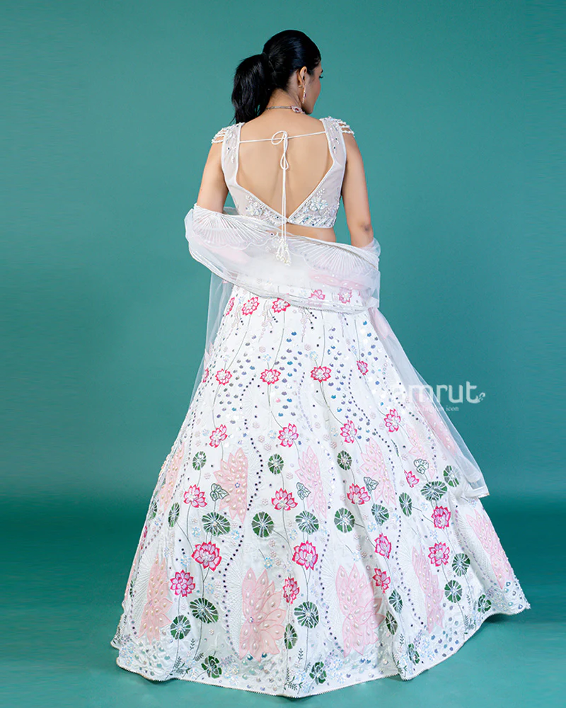 White Embroidered Lehenga with Lotus Design, Sweetheart Neckline Choli, and Sheer Dupatta - Image 5