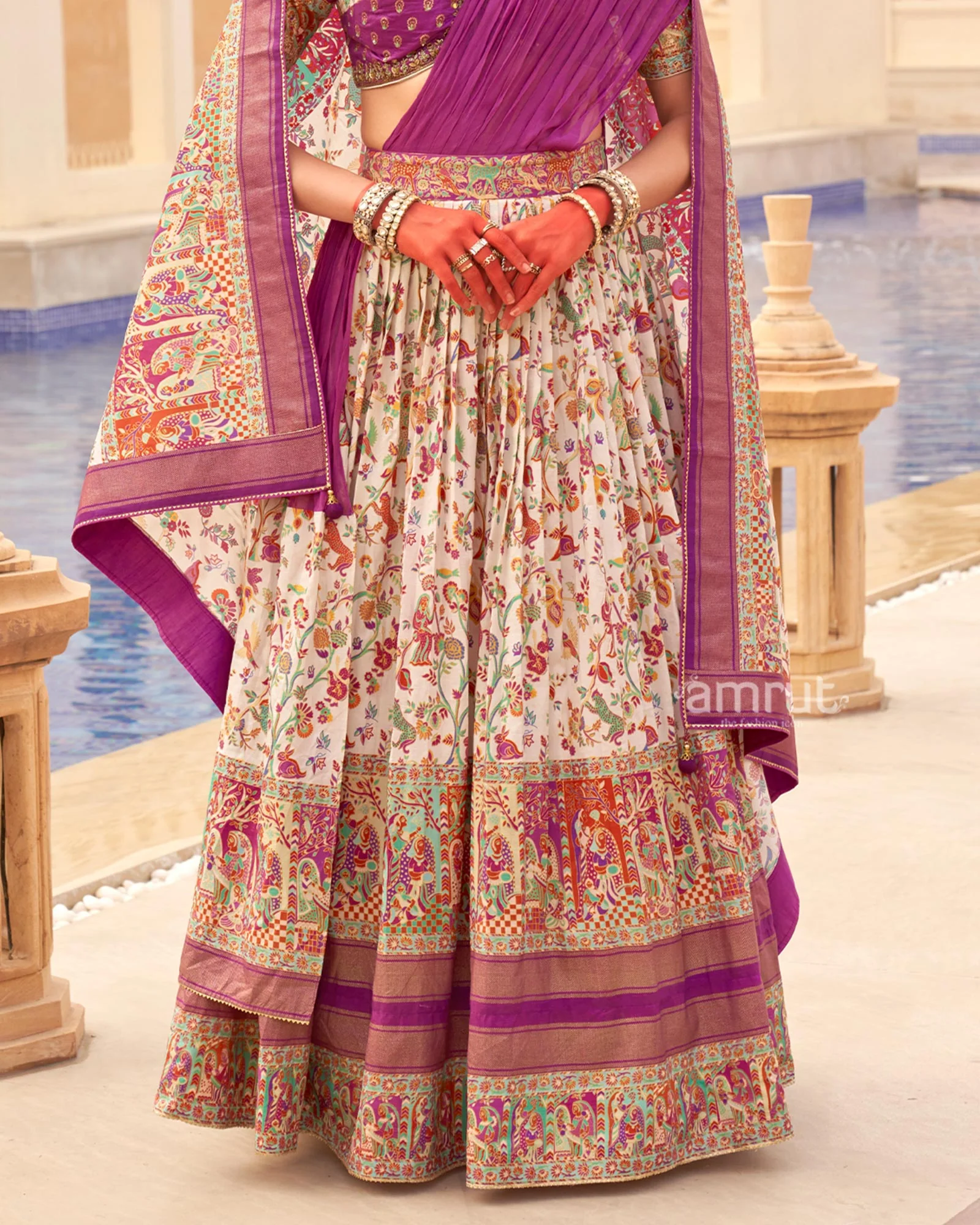 White Floral Print Silk Lehenga Set With Dupatta - Image 3