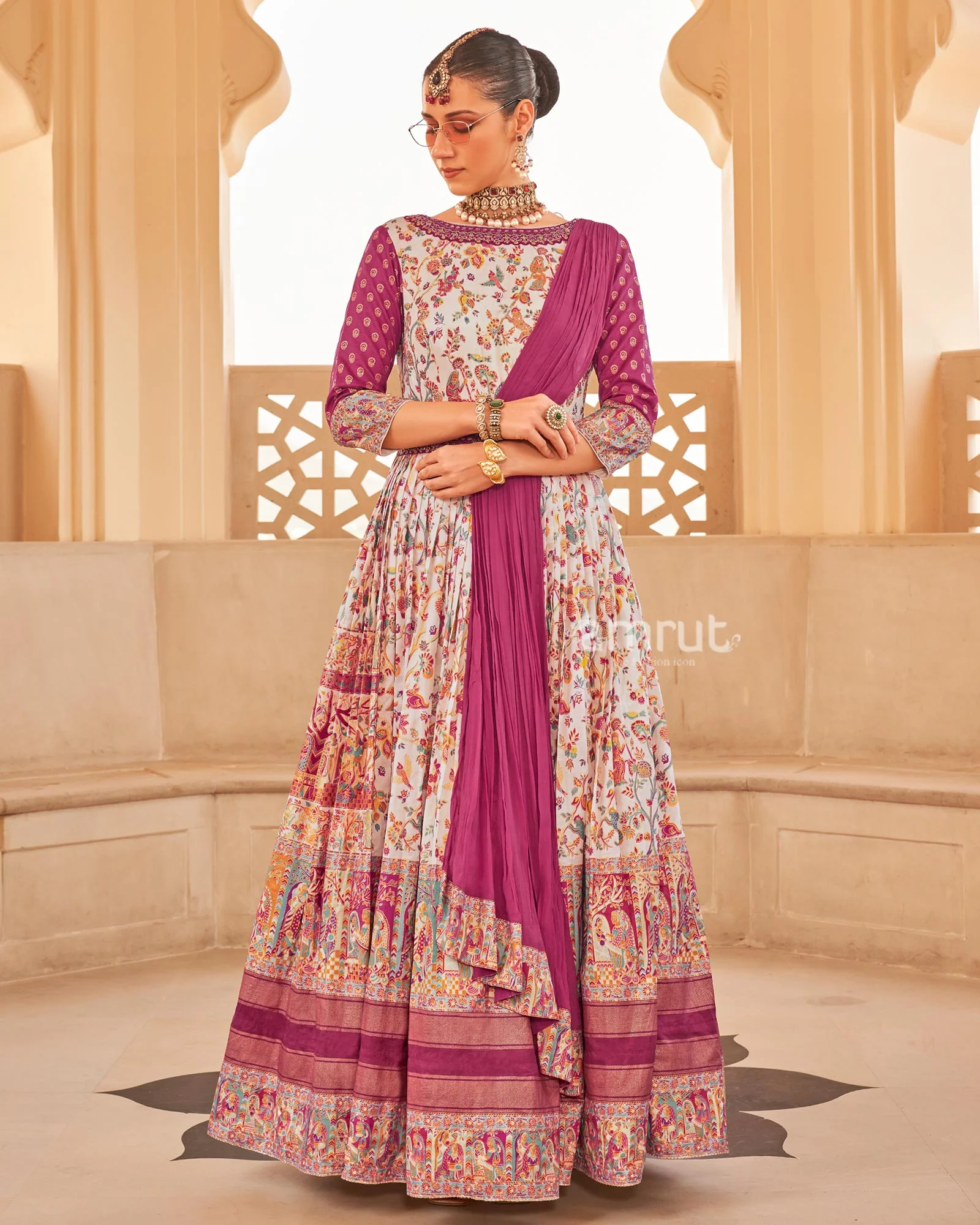 White Floral Printed Anarkali Dress and Men Kurta Set with Coat - Image 3