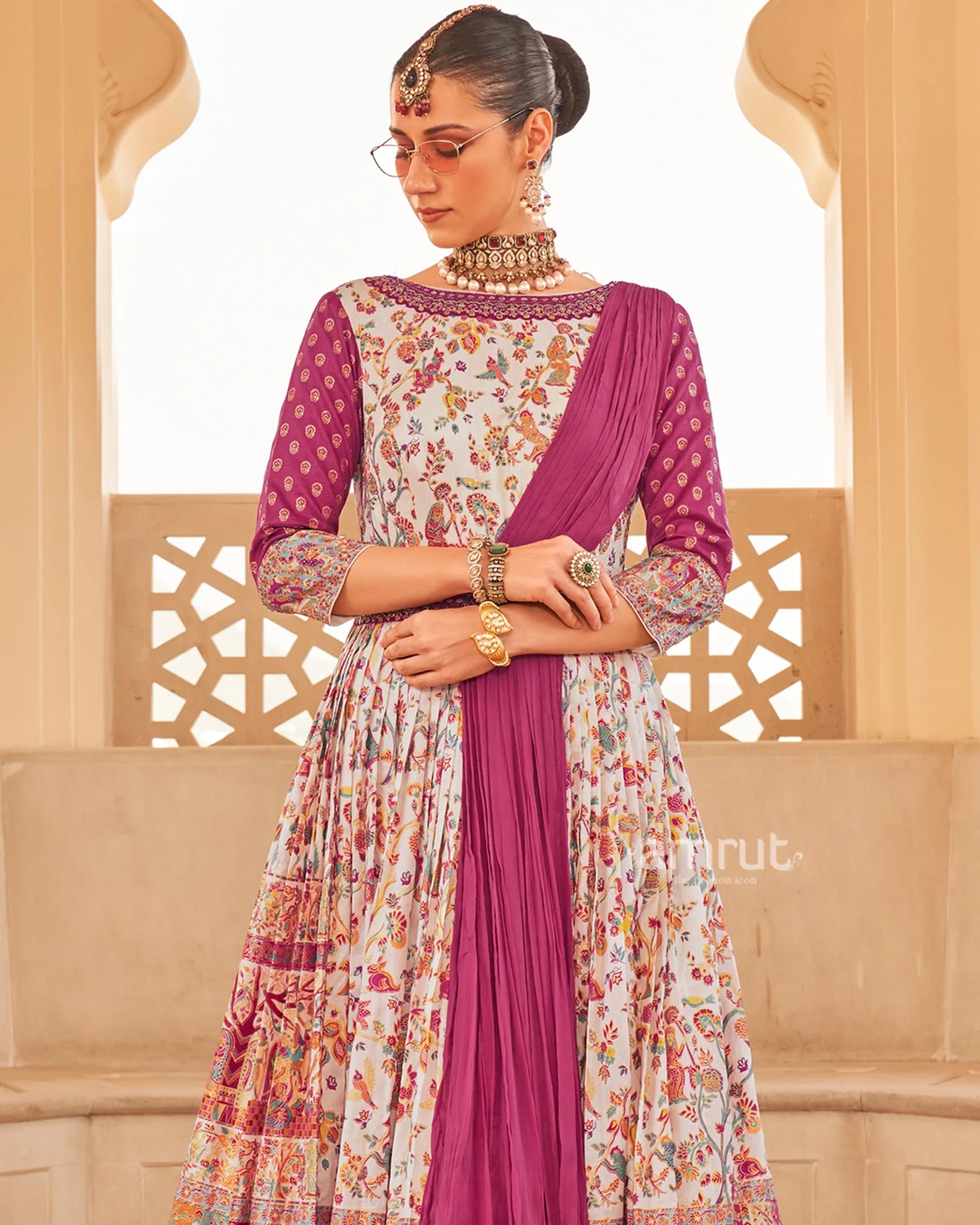 White Floral Printed Anarkali Dress and Men Kurta Set with Coat - Image 4