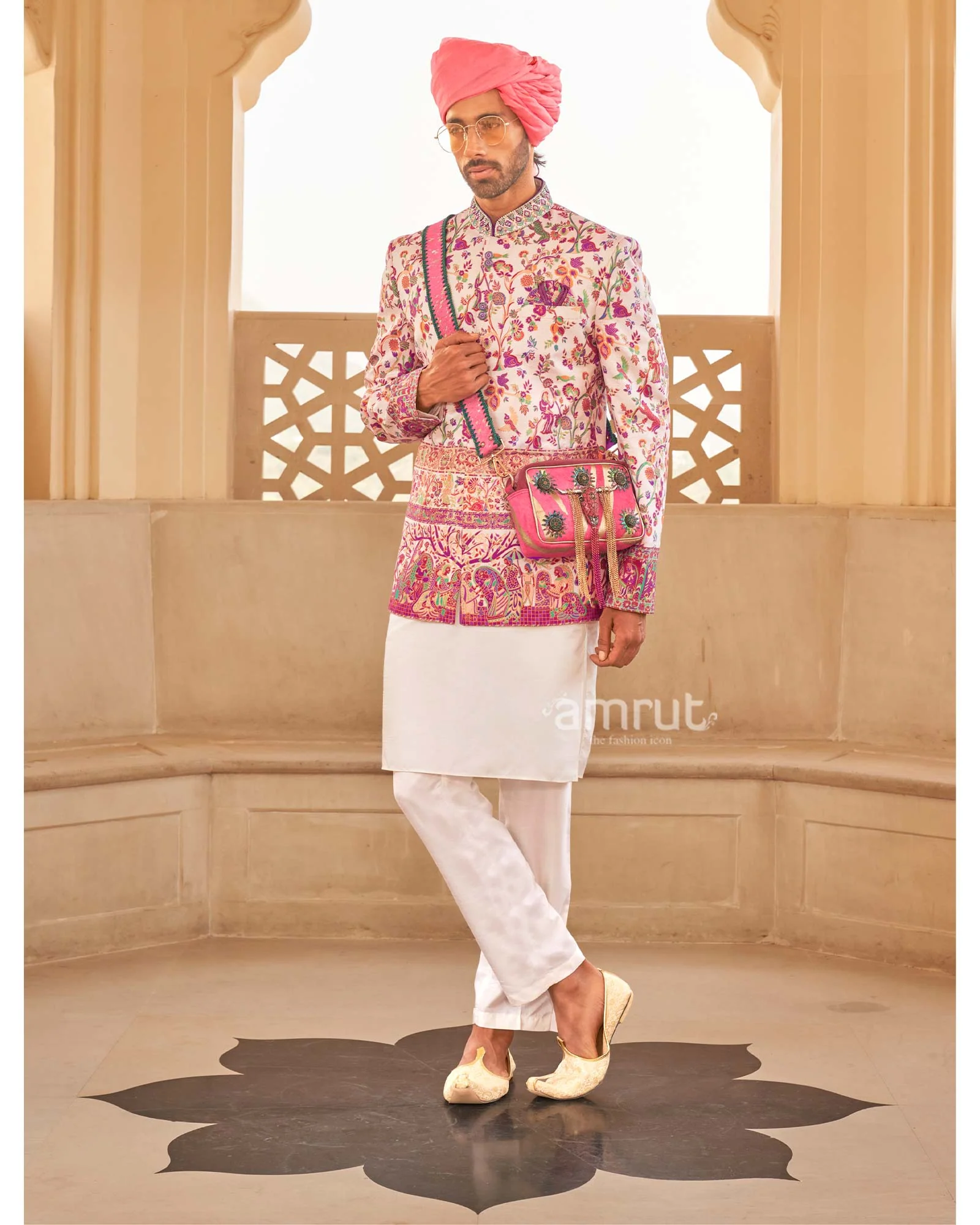 White Floral Printed Anarkali Dress and Men Kurta Set with Coat - Image 5