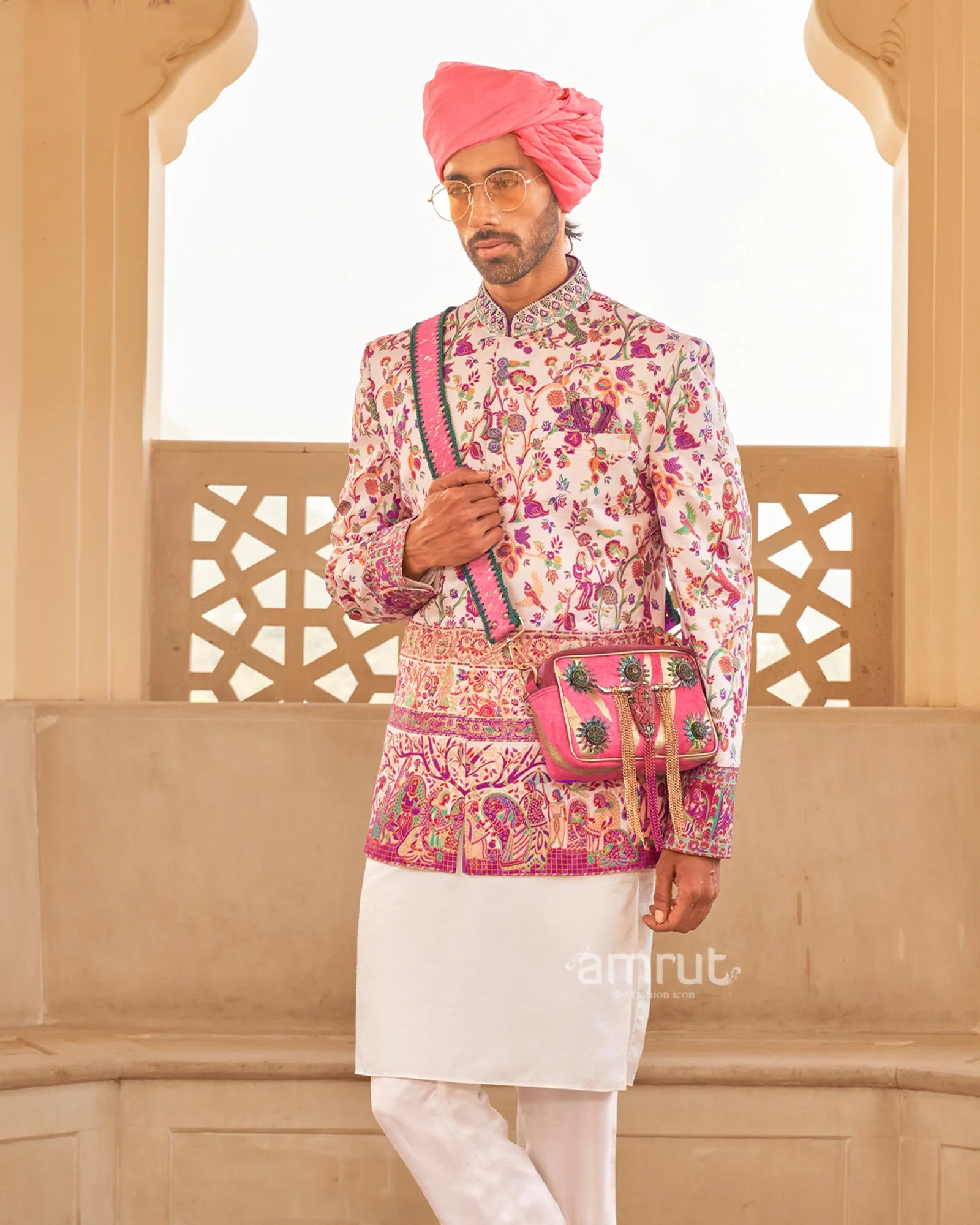 White Floral Printed Anarkali Dress and Men Kurta Set with Coat - Image 6