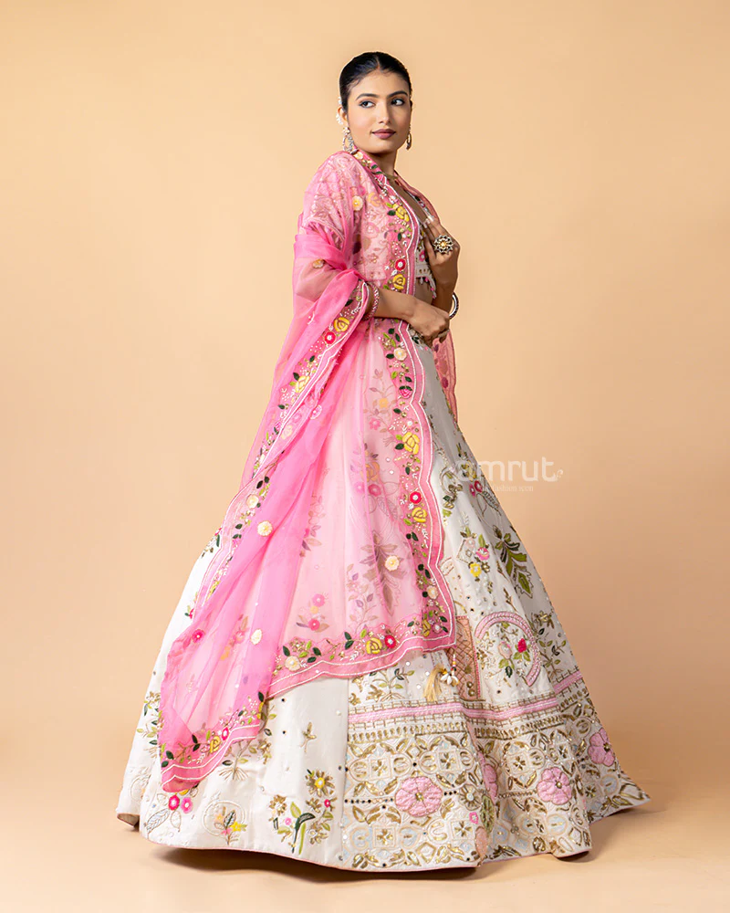 White Lehenga Choli with Floral Print and Net Dupatta - Image 3