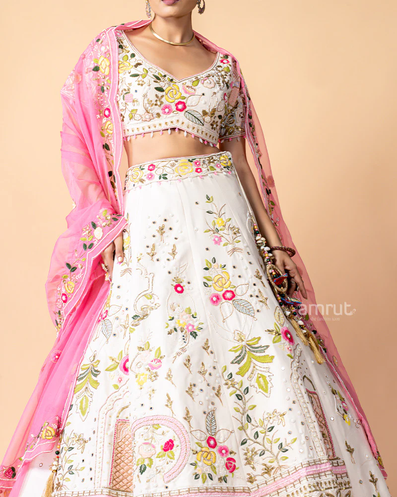 White Lehenga Choli with Floral Print and Net Dupatta - Image 4