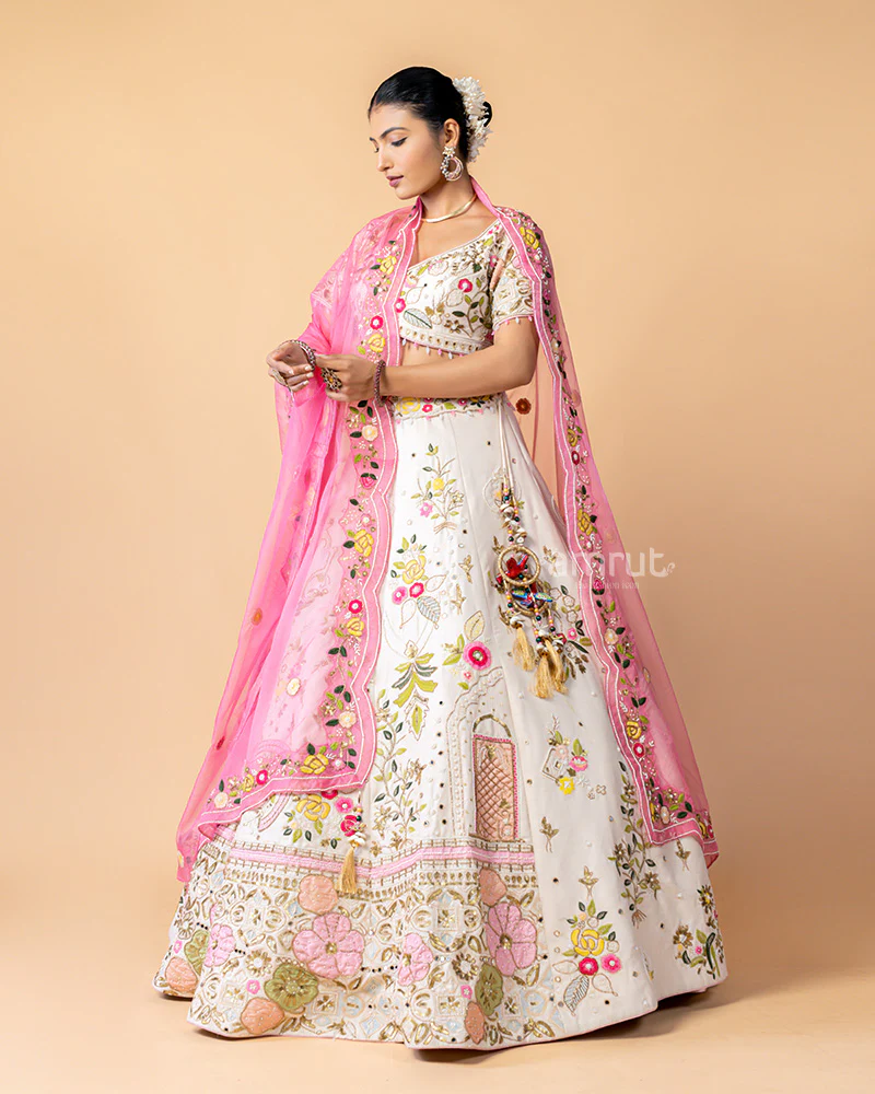 White Lehenga Choli with Floral Print and Net Dupatta - Image 5