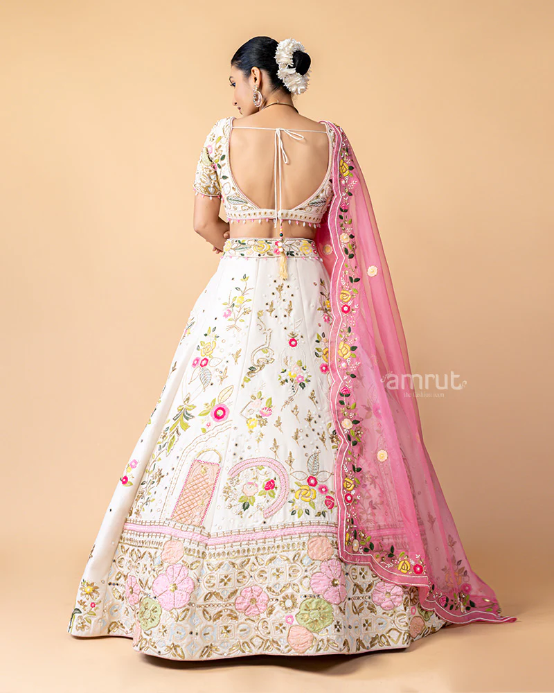 White Lehenga Choli with Floral Print and Net Dupatta - Image 6