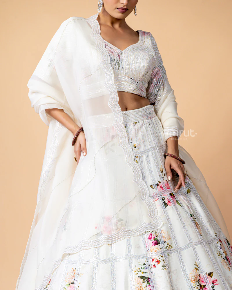 White Lehenga Choli with Silver Zari work and Floral Print - Image 2
