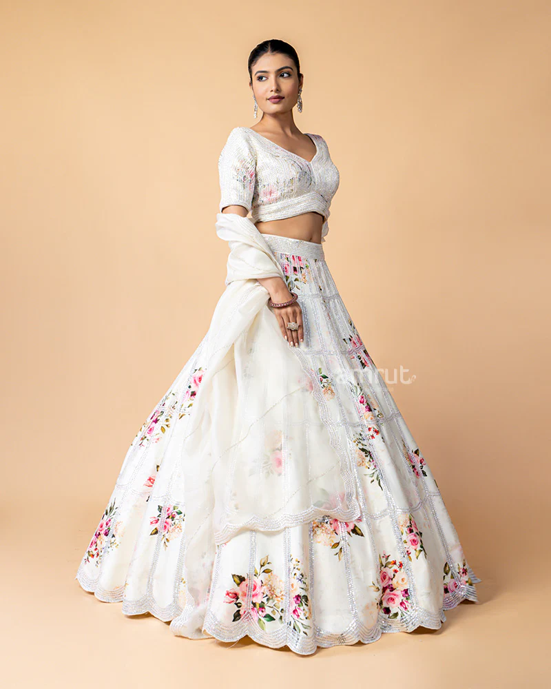 White Lehenga Choli with Silver Zari work and Floral Print - Image 3