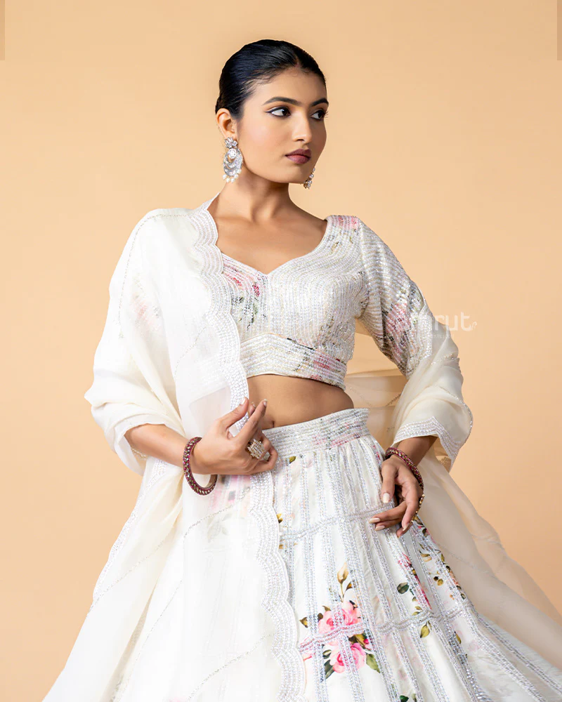 White Lehenga Choli with Silver Zari work and Floral Print - Image 4