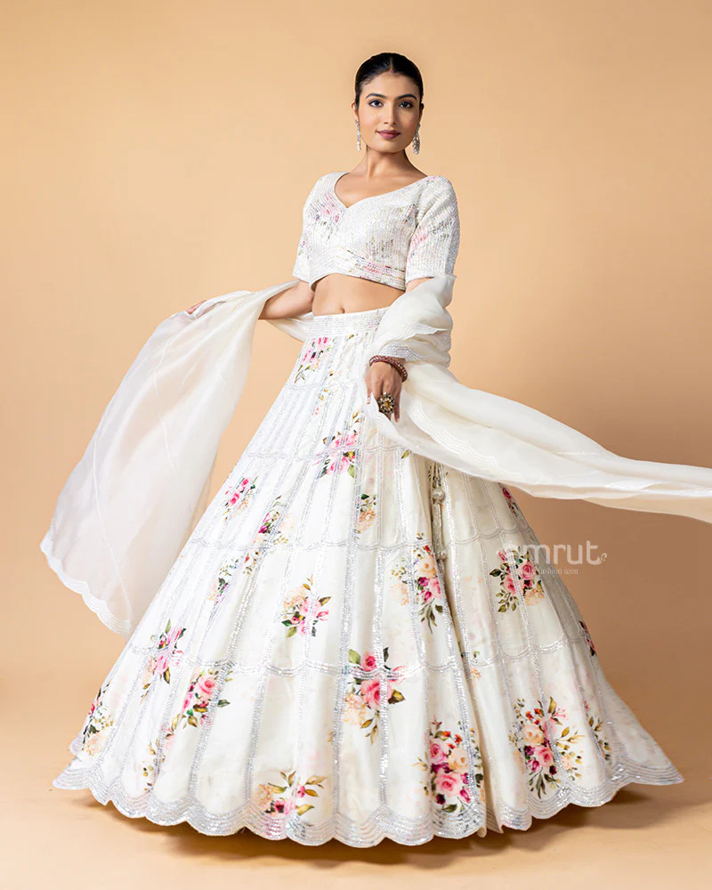 White Lehenga Choli with Silver Zari work and Floral Print - Image 5