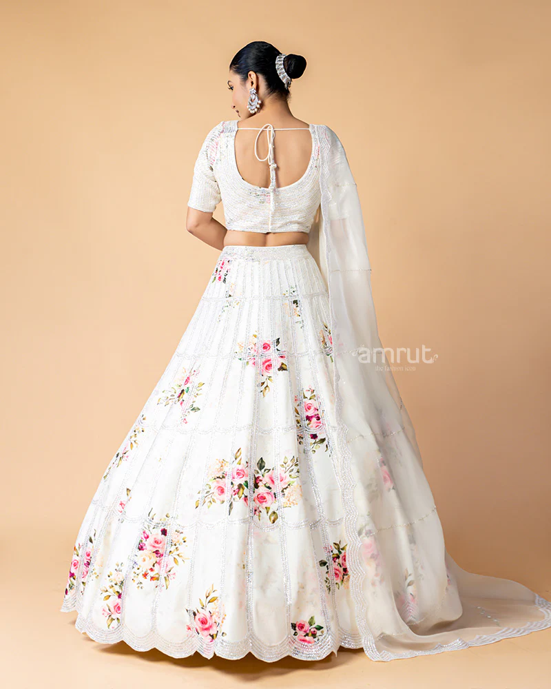White Lehenga Choli with Silver Zari work and Floral Print - Image 6