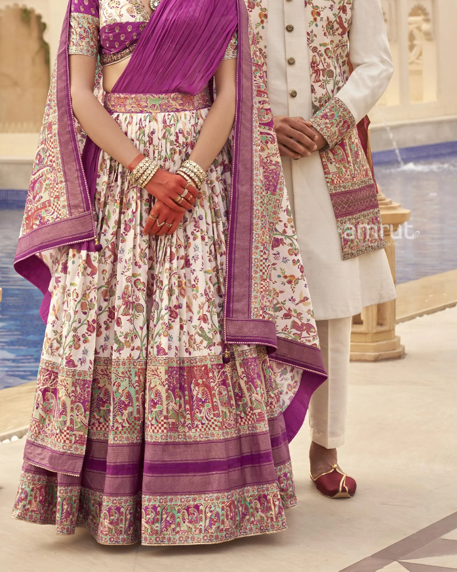 White lehenga Set and Men Kurta Set with Floral Printed Coat - Image 3