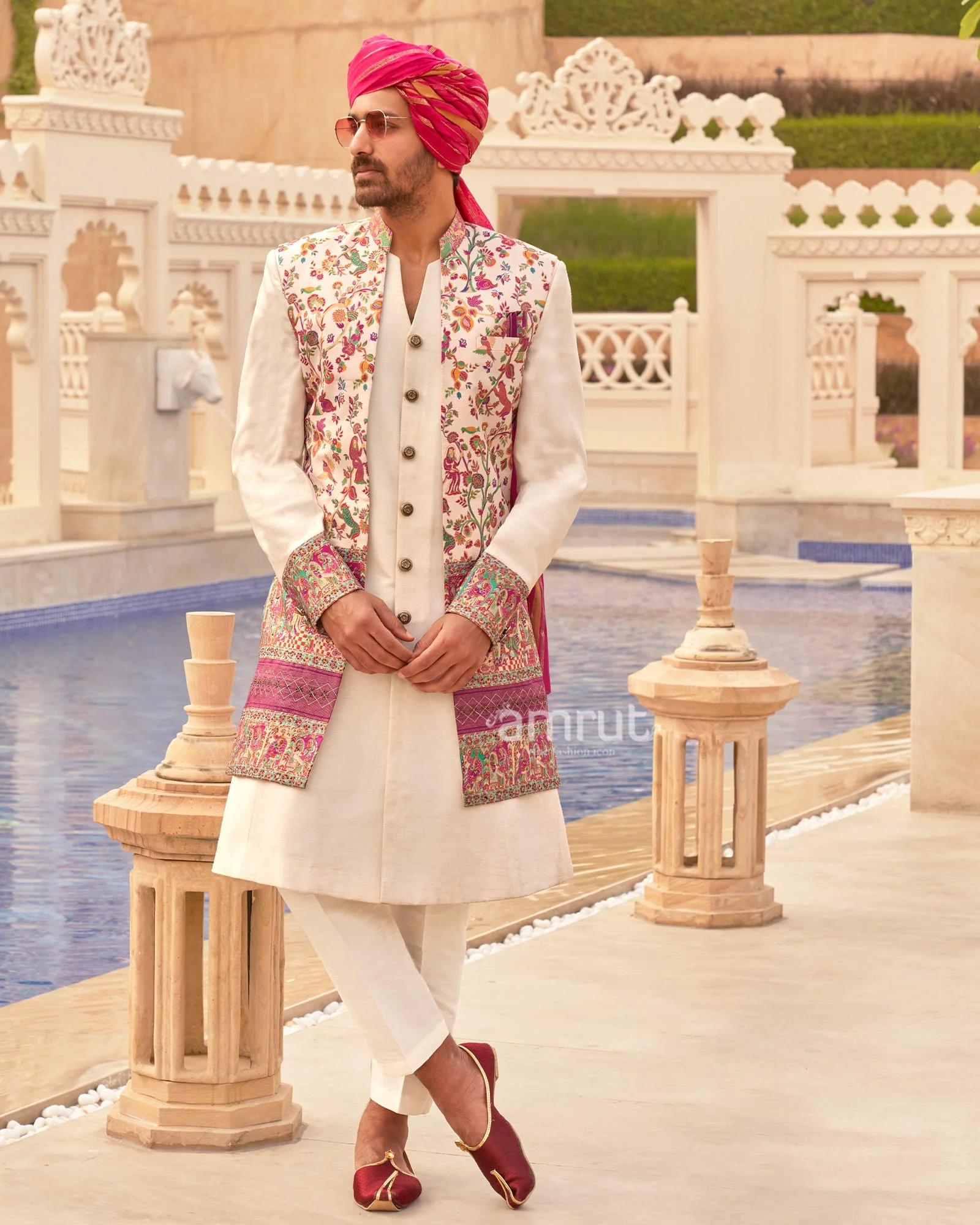 White lehenga Set and Men Kurta Set with Floral Printed Coat - Image 5