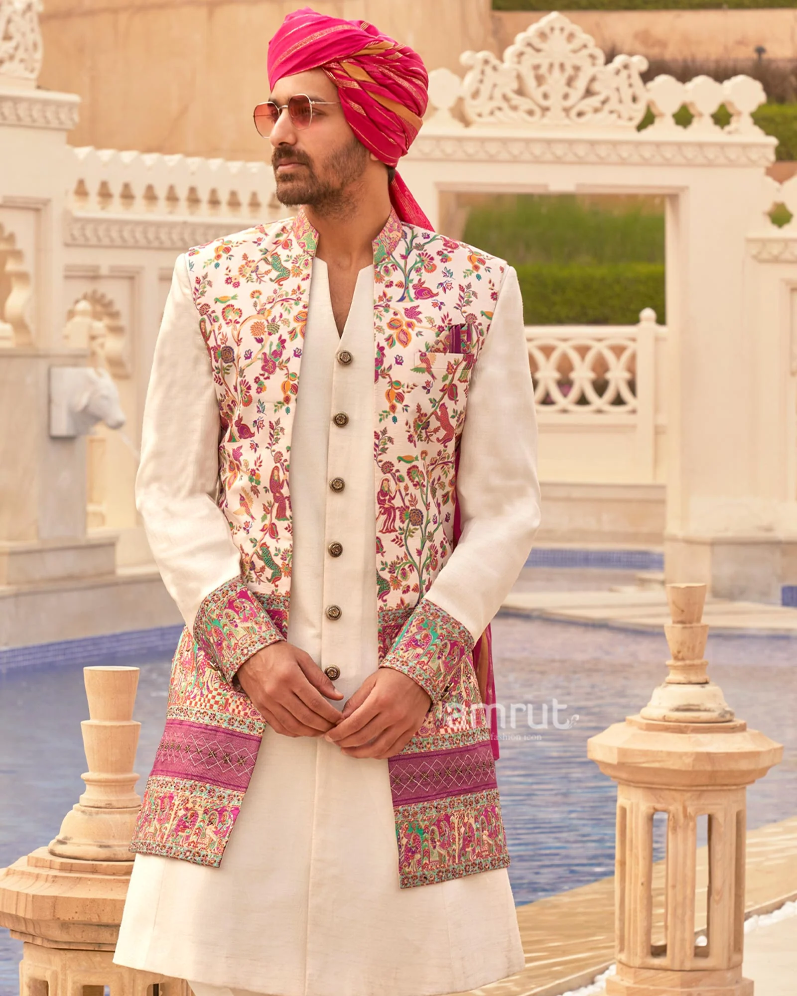 White lehenga Set and Men Kurta Set with Floral Printed Coat - Image 7
