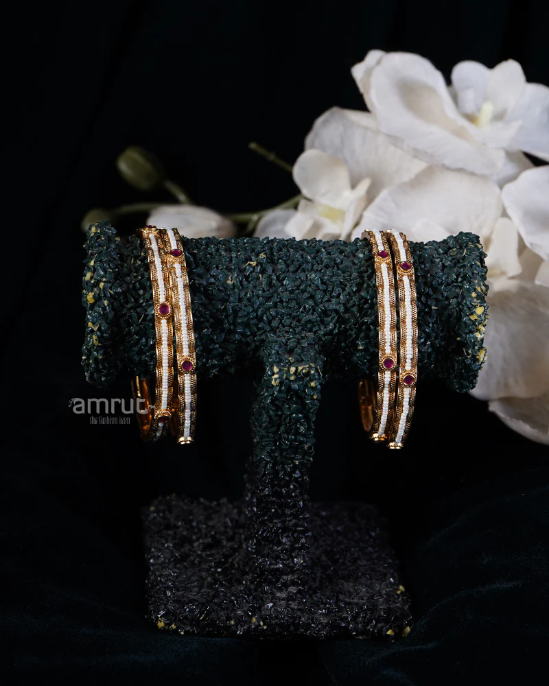 White Pearls and Red Gemstone-Embellished Bangles Set - Image 2