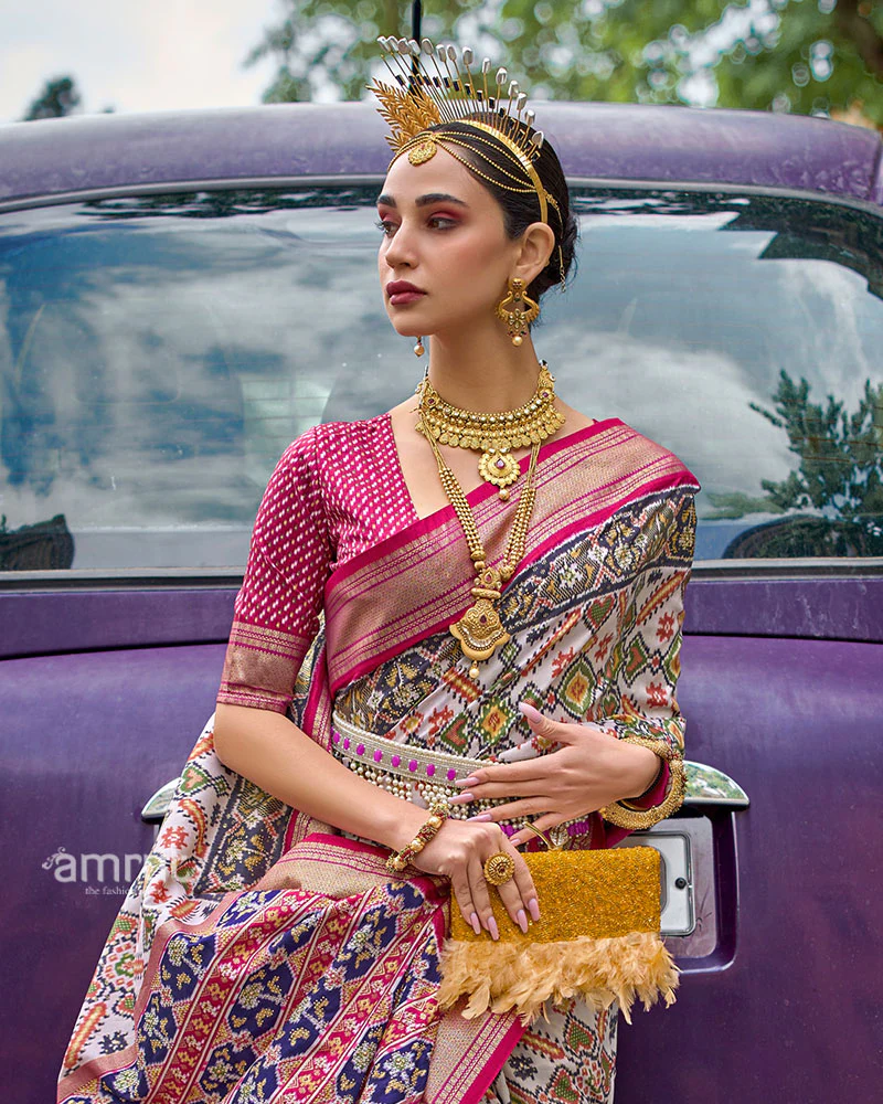 White, Pink and Gold Patola Printed Saree with Zari Border & Unstitched Blouse - Image 2