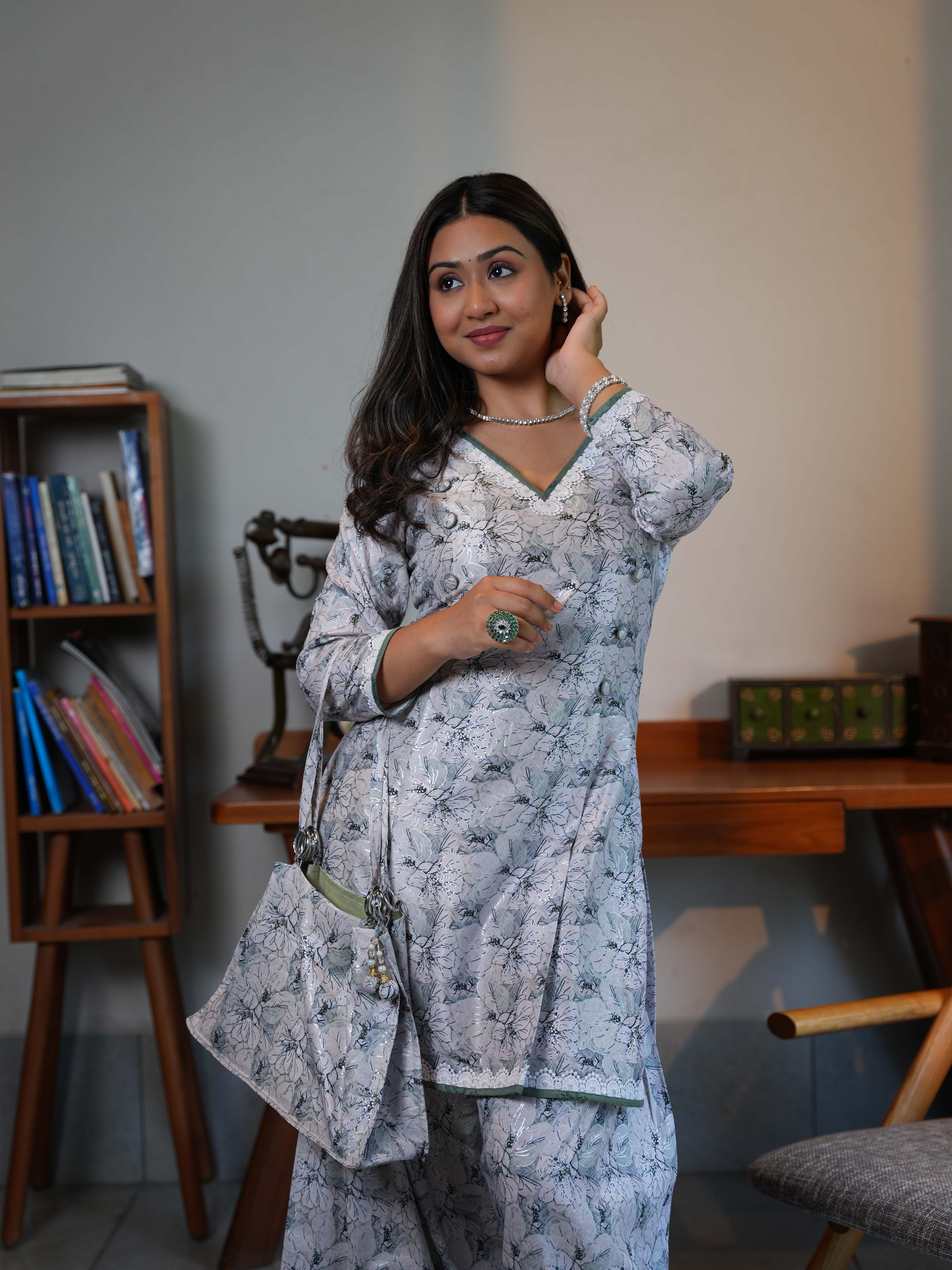 White Printed Cotton Sharara Set with Matching Kurta - Image 3