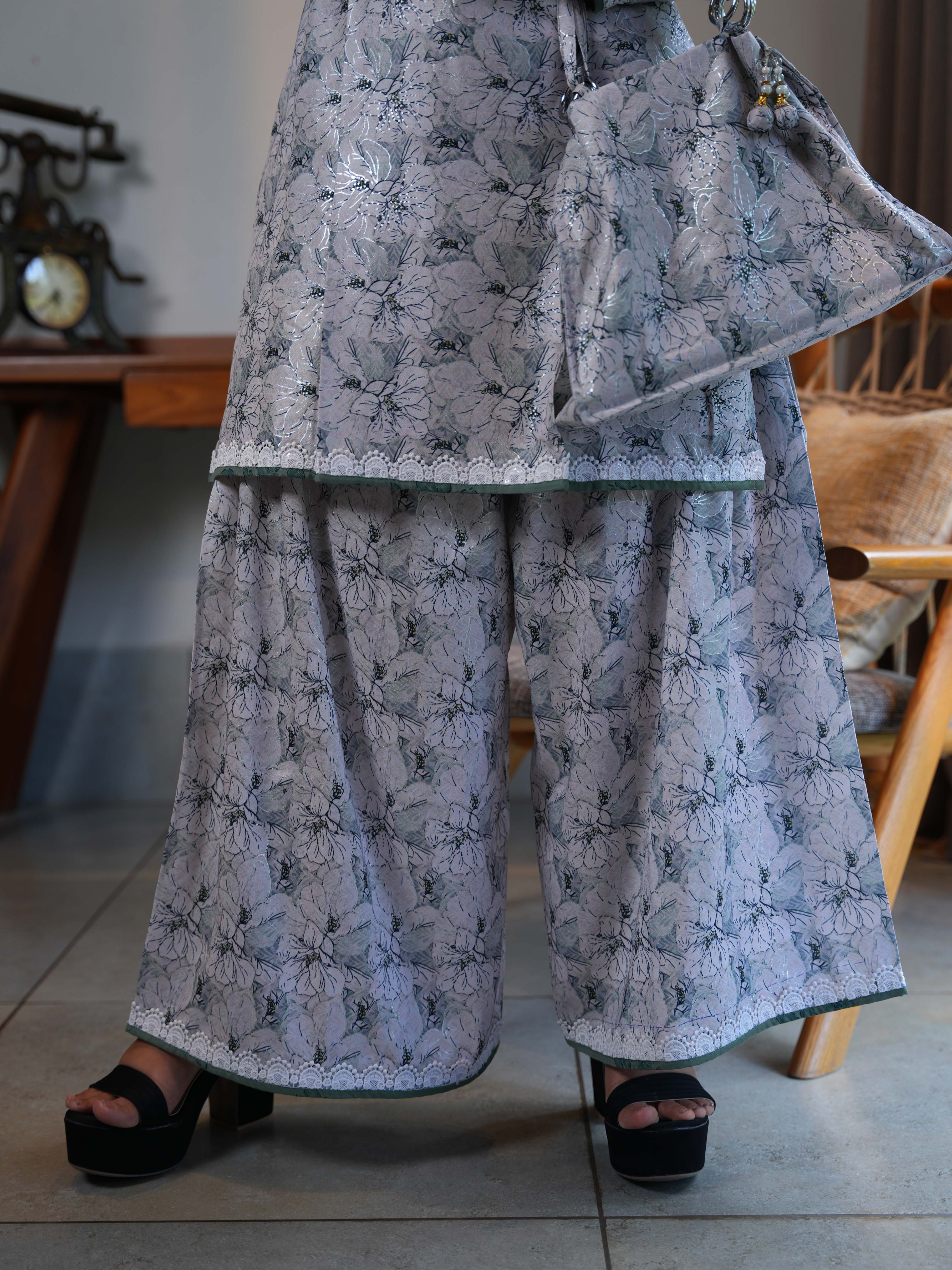 White Printed Cotton Sharara Set with Matching Kurta - Image 5