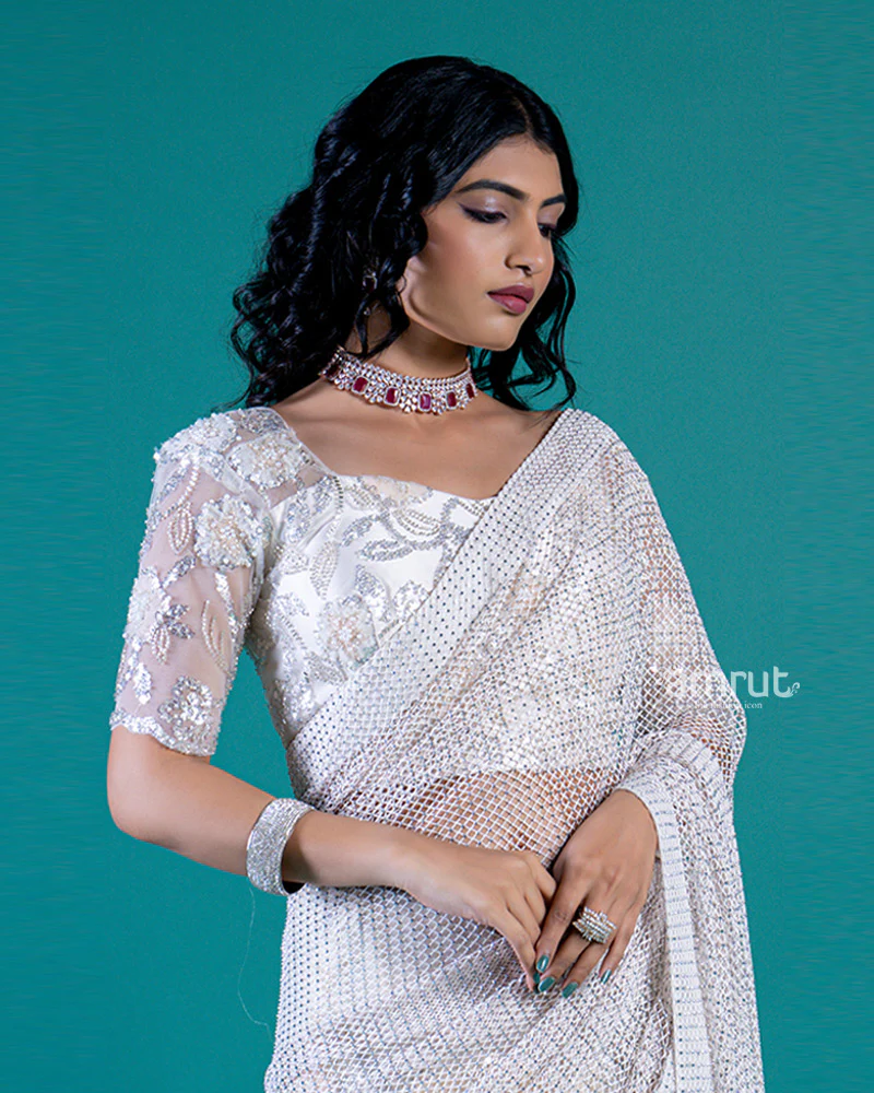 White Saree with Intricate Embroidery, Sequin, and Bead Work - Image 2