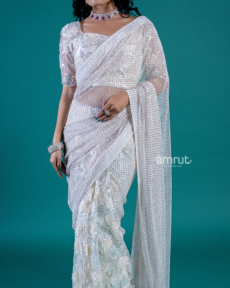 White Saree with Intricate Embroidery, Sequin, and Bead Work - Image 3
