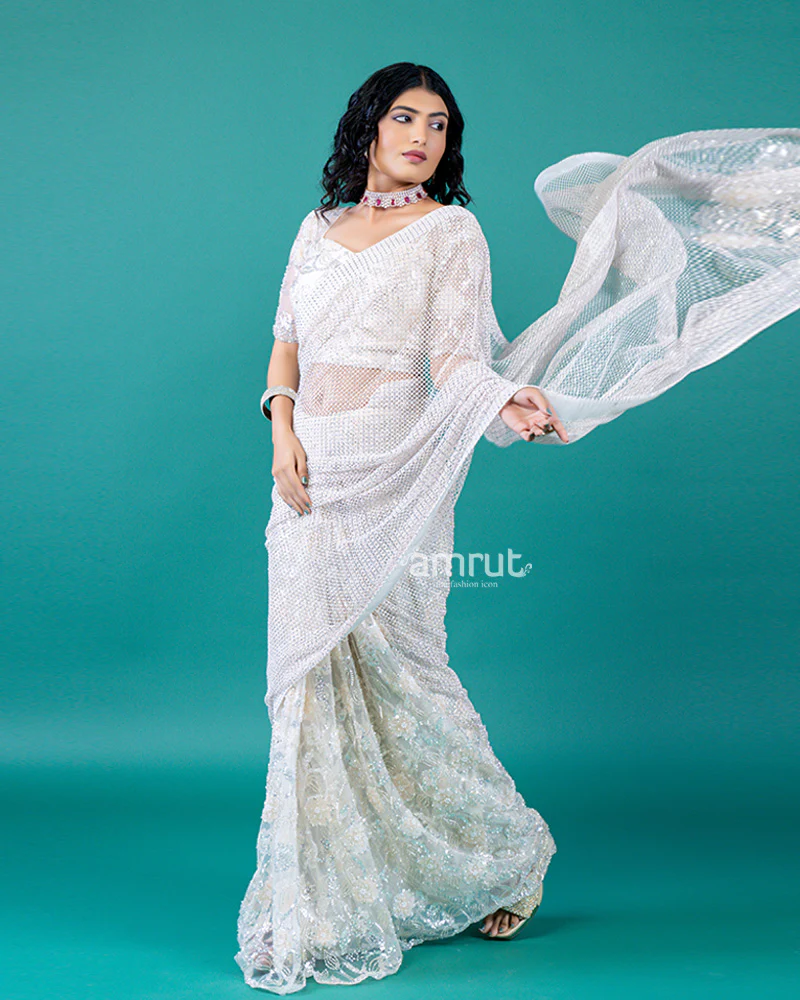White Saree with Intricate Embroidery, Sequin, and Bead Work - Image 4