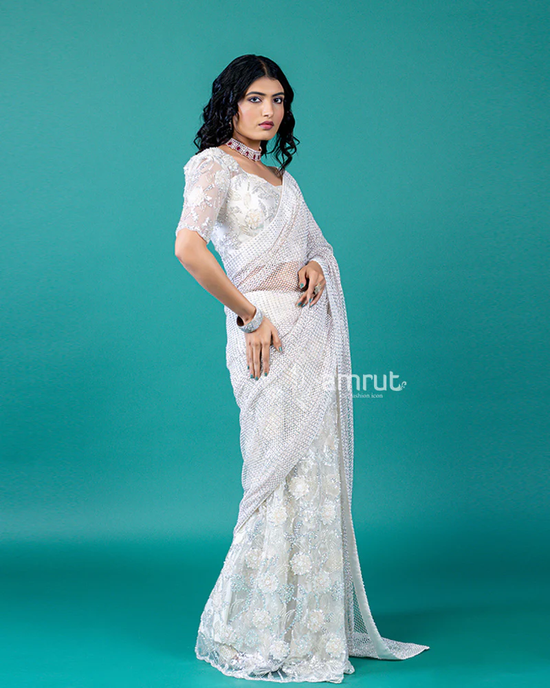 White Saree with Intricate Embroidery, Sequin, and Bead Work - Image 5