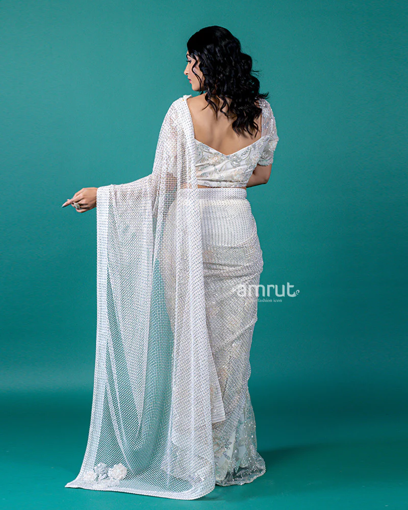 White Saree with Intricate Embroidery, Sequin, and Bead Work - Image 6
