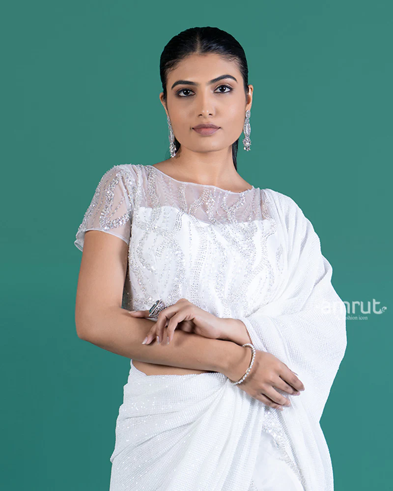 White with Sparkling Sequins Saree and Embellished Cropped Blouse - Image 2