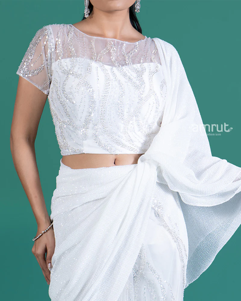 White with Sparkling Sequins Saree and Embellished Cropped Blouse - Image 3