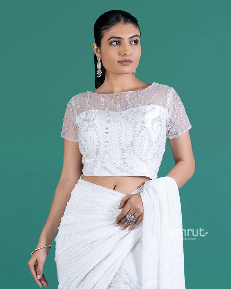 White with Sparkling Sequins Saree and Embellished Cropped Blouse - Image 4