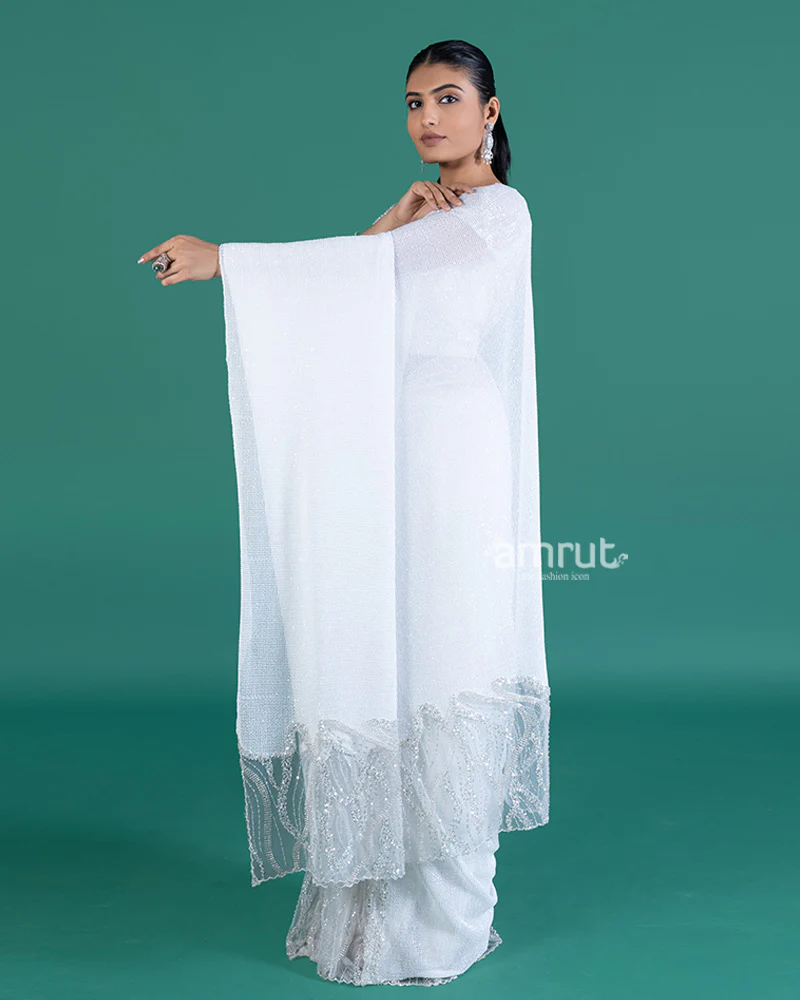 White with Sparkling Sequins Saree and Embellished Cropped Blouse - Image 6