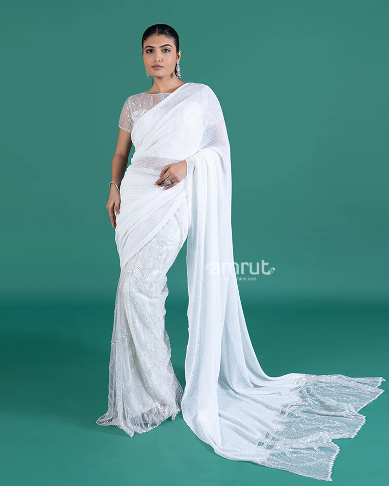 White with Sparkling Sequins Saree and Embellished Cropped Blouse - Image 7