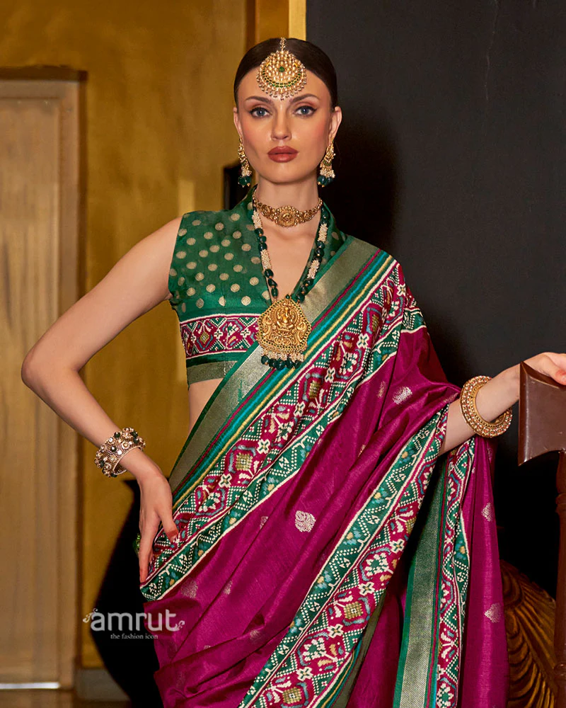 Wine and Green Printed Border Traditional Saree with Unstitched Blouse - Image 2