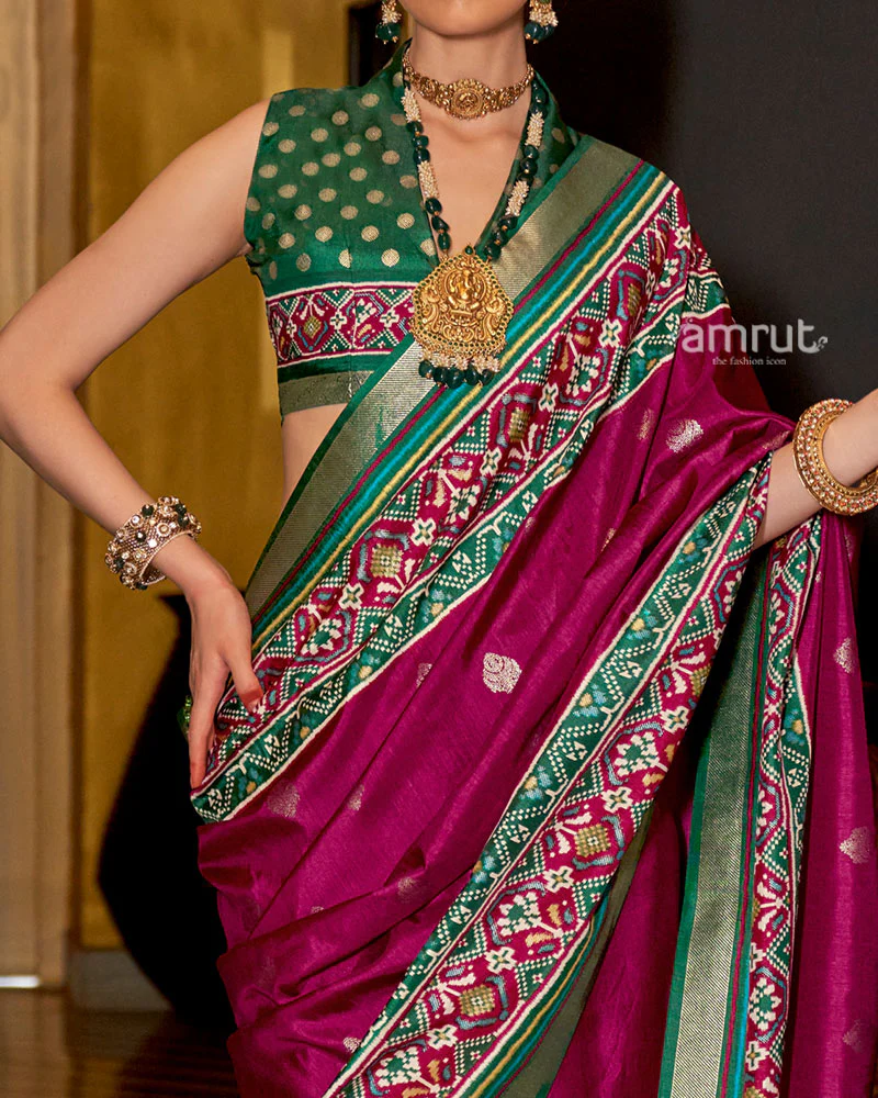 Wine and Green Printed Border Traditional Saree with Unstitched Blouse - Image 3