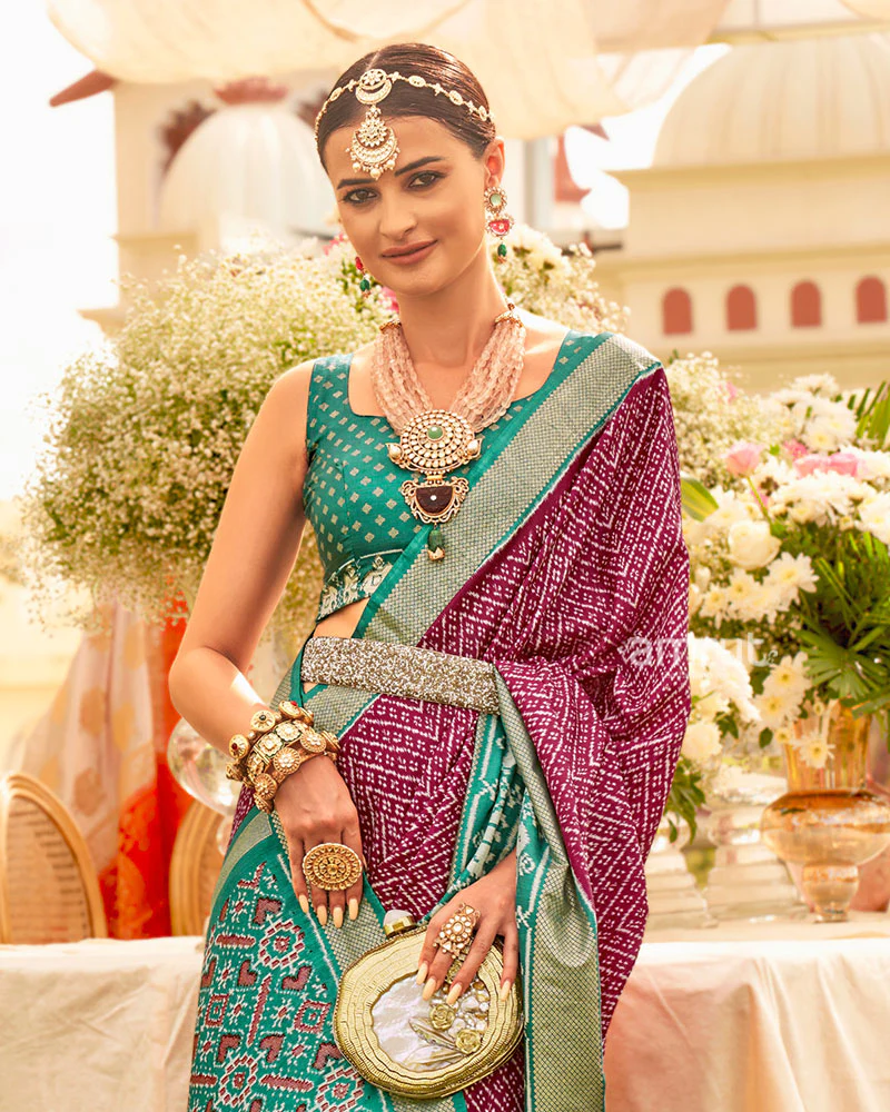 Wine and Teal Zari Border Patola Silk Saree with Unstitched Blouse - Image 2