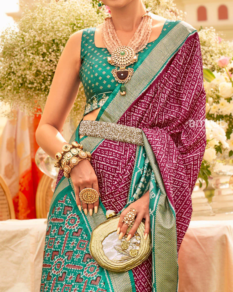Wine and Teal Zari Border Patola Silk Saree with Unstitched Blouse - Image 3