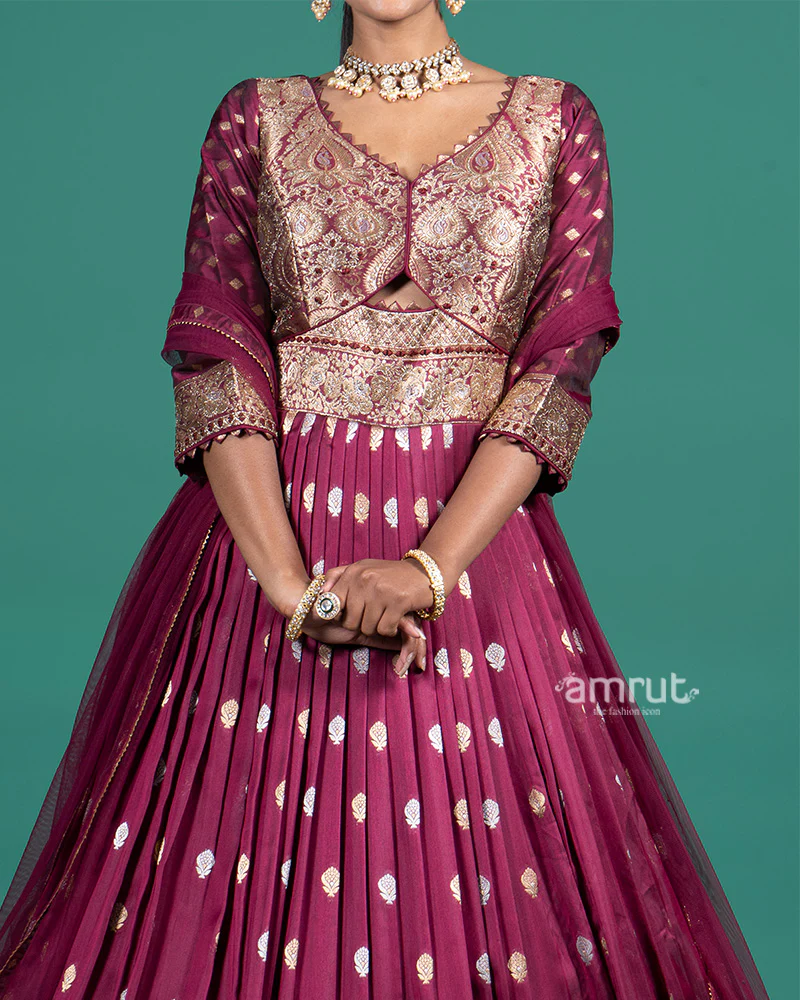 Wine Brocade Embroidered Anarkali Gown with Net Dupatta - Image 3