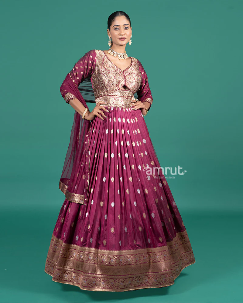 Wine Brocade Embroidered Anarkali Gown with Net Dupatta - Image 4
