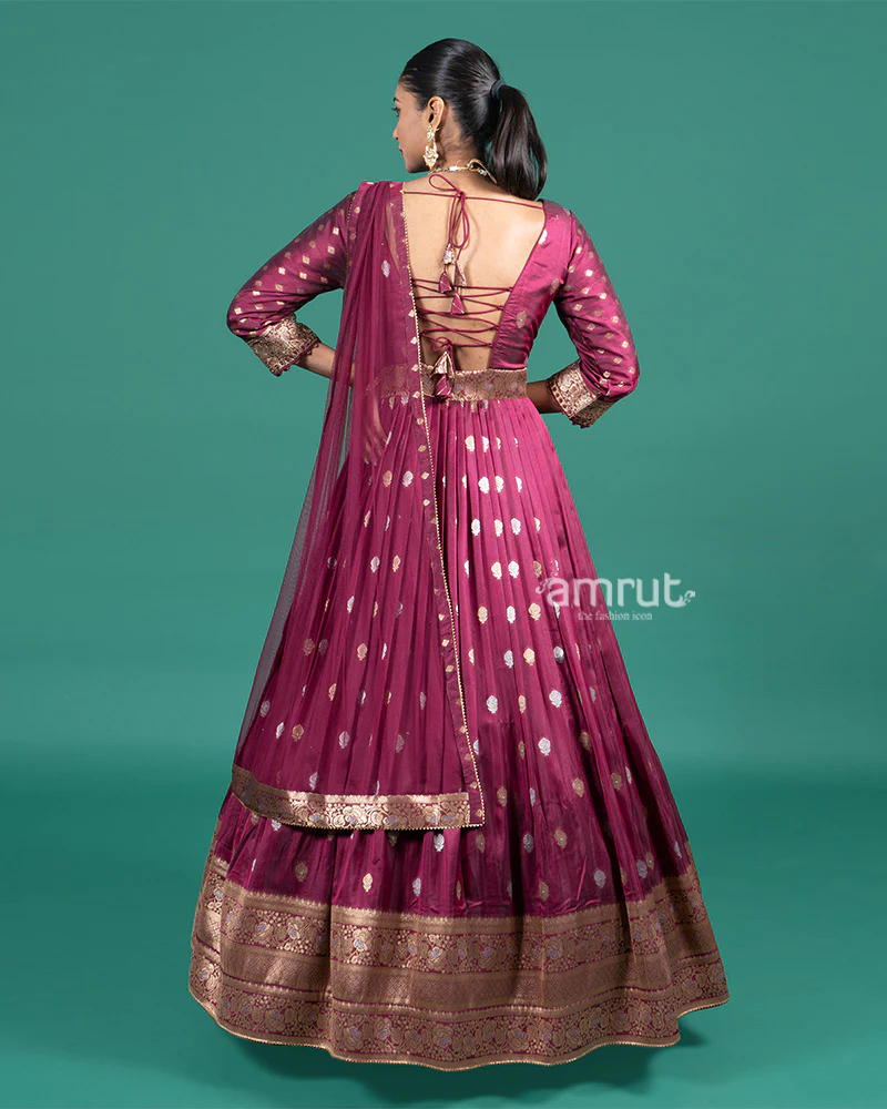 Wine Brocade Embroidered Anarkali Gown with Net Dupatta - Image 5