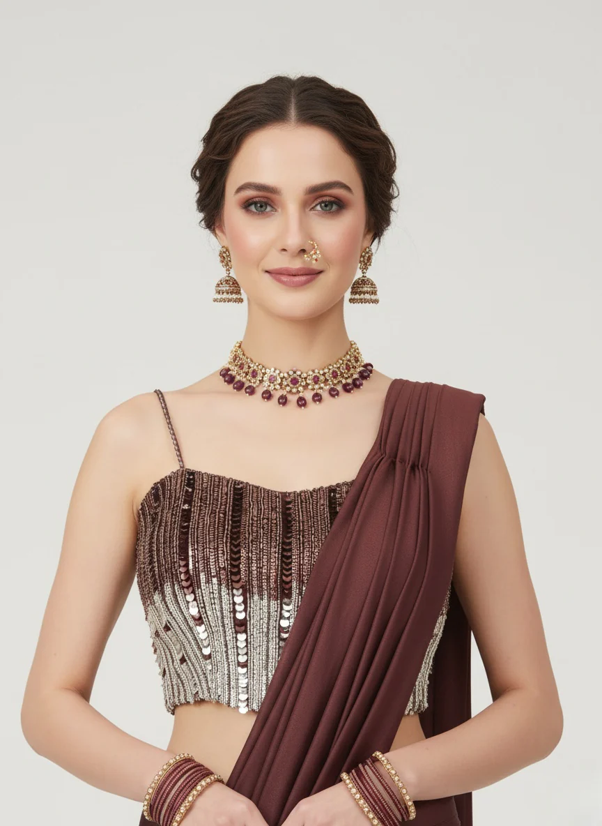 Wine Brown Pre-Draped Saree with Sequin Embellished Blouse - Image 2