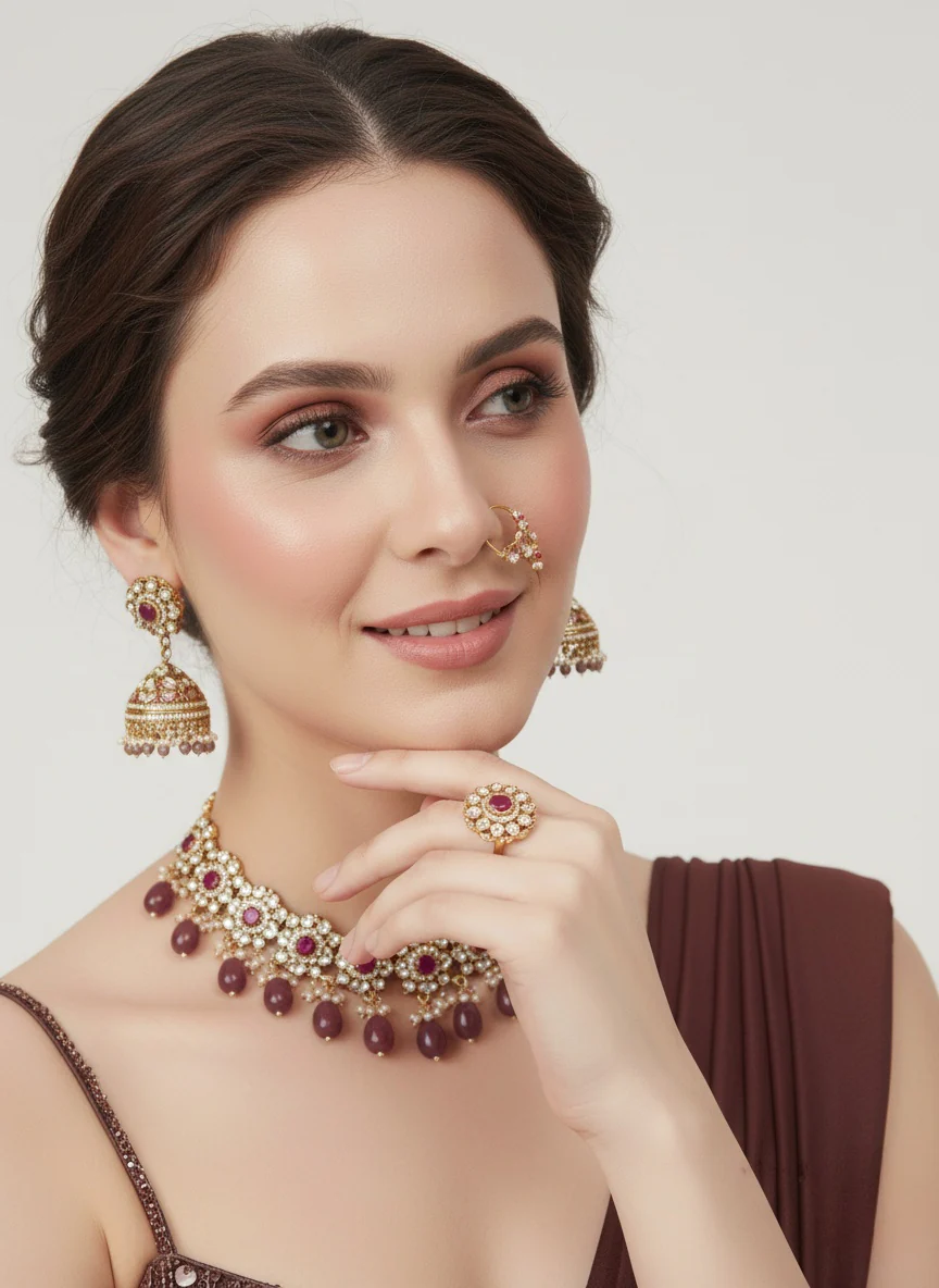 Wine Brown Pre-Draped Saree with Sequin Embellished Blouse - Image 3