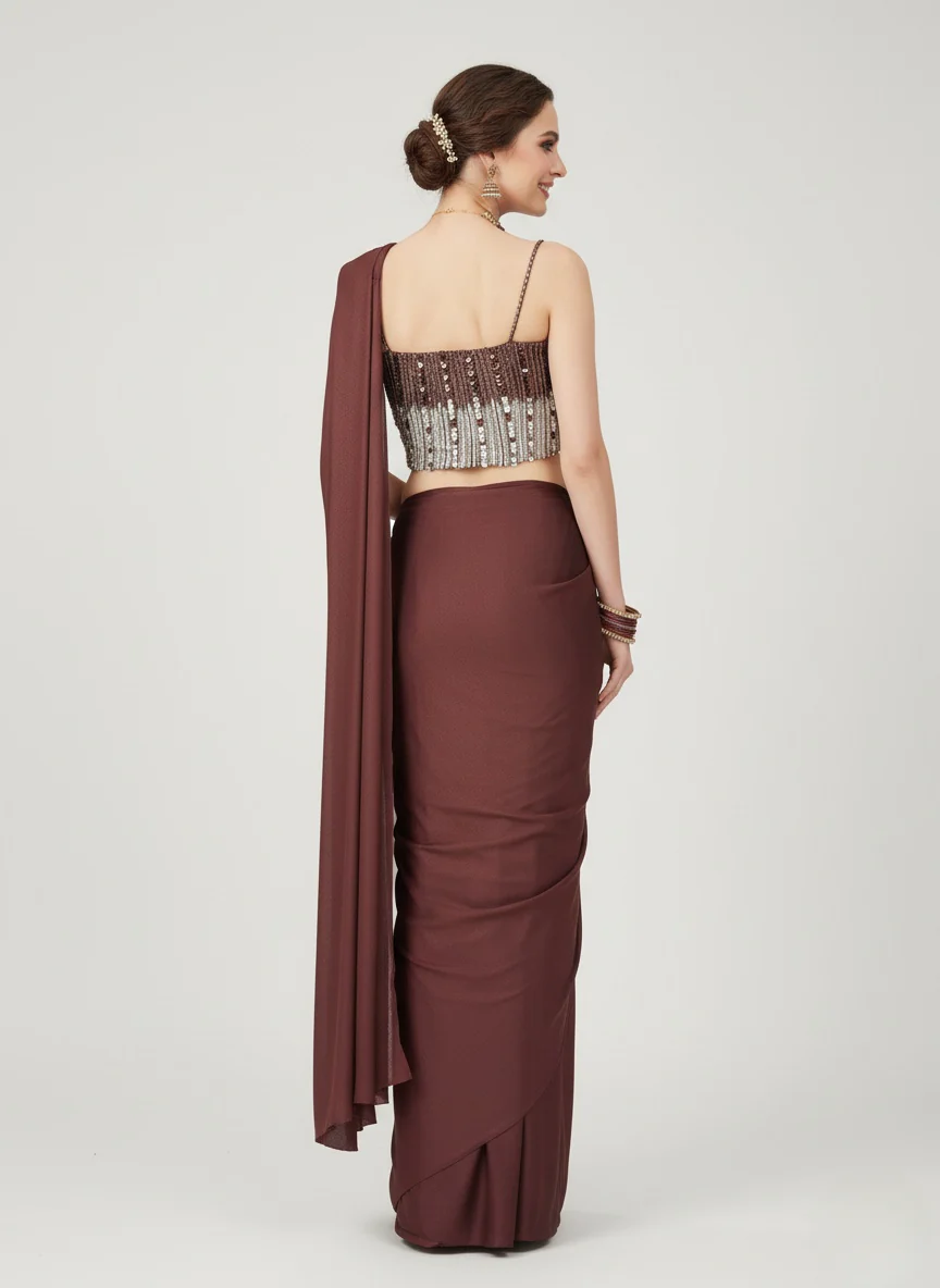 Wine Brown Pre-Draped Saree with Sequin Embellished Blouse - Image 4