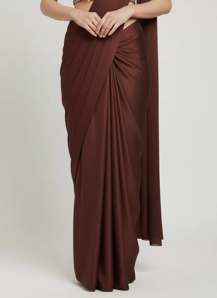 Wine Brown Pre-Draped Saree with Sequin Embellished Blouse - Image 5