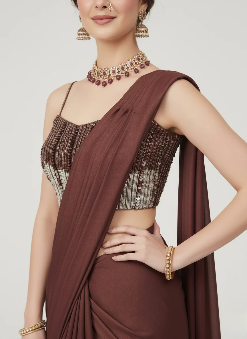 Wine Brown Pre-Draped Saree with Sequin Embellished Blouse - Image 6