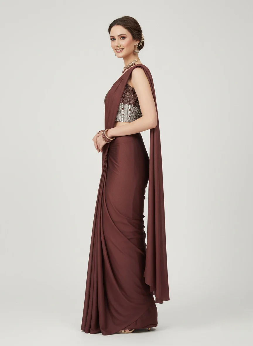 Wine Brown Pre-Draped Saree with Sequin Embellished Blouse - Image 7