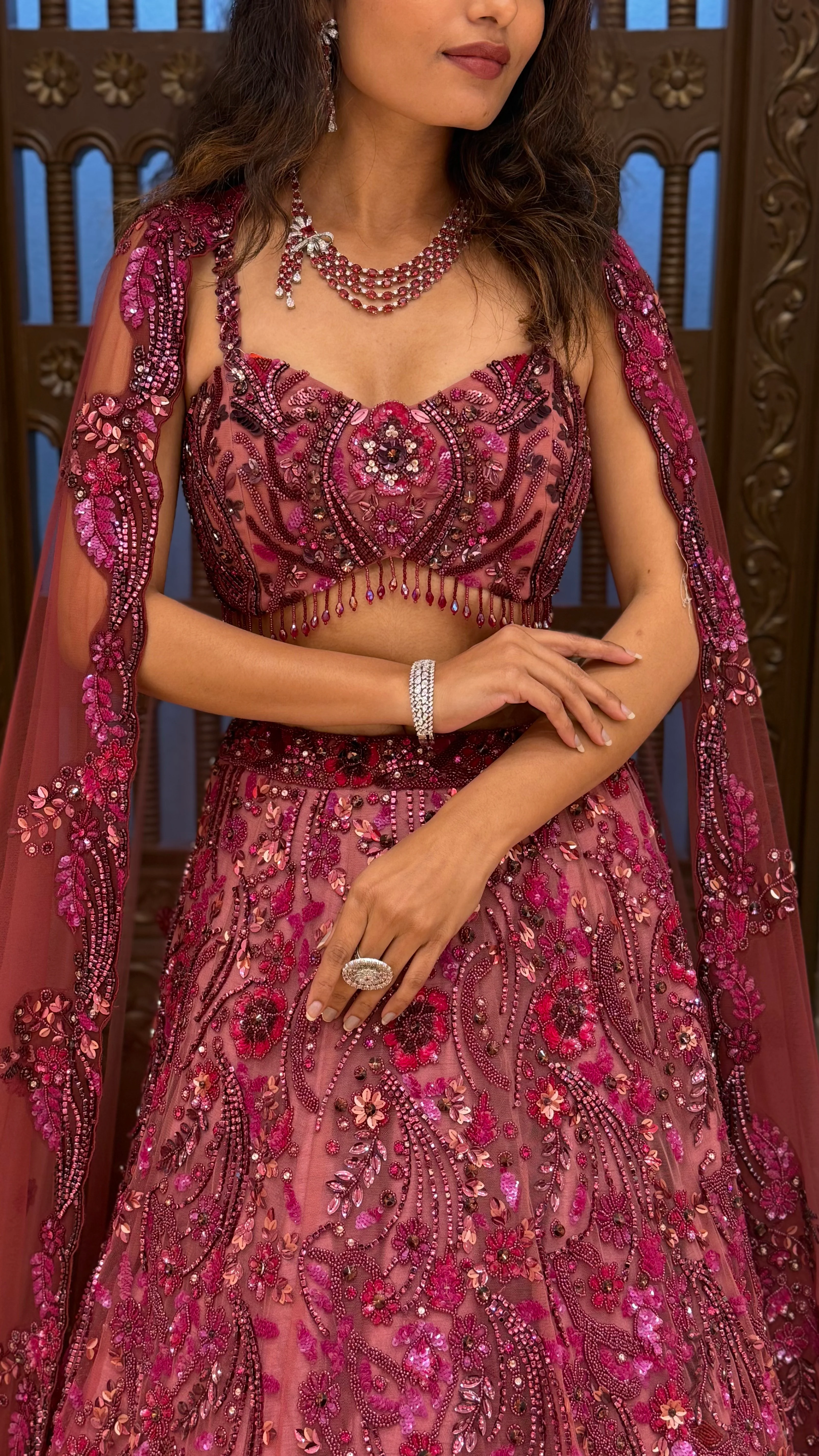 Wine Designer Embroidered Lehenga Set with Cape Dupatta - Image 2